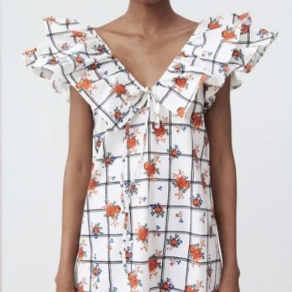 ZARA Floral White FLORAL PANE V-Neck Ruffle Midi Dress - Picture 5 of 8